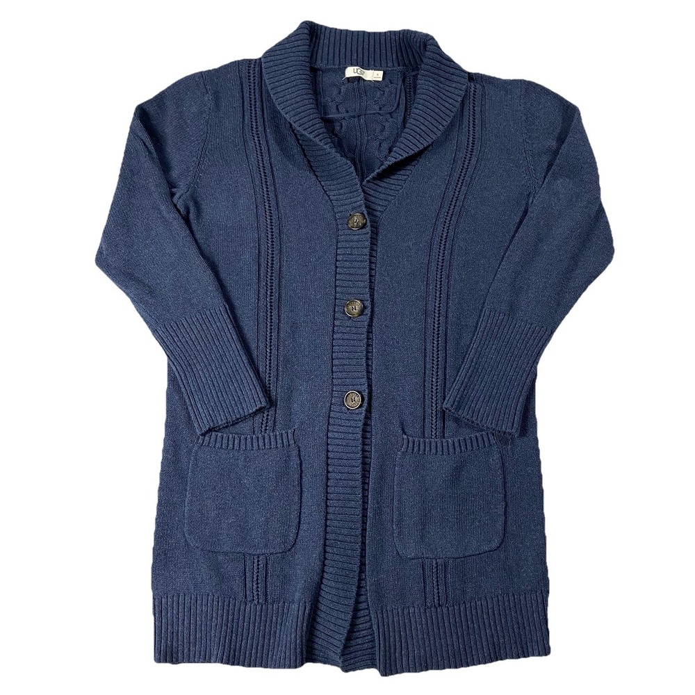 Ugg Cotton Cable Knit Shawl Neck Long Cardigan Sweater Blue Women's XL Classic